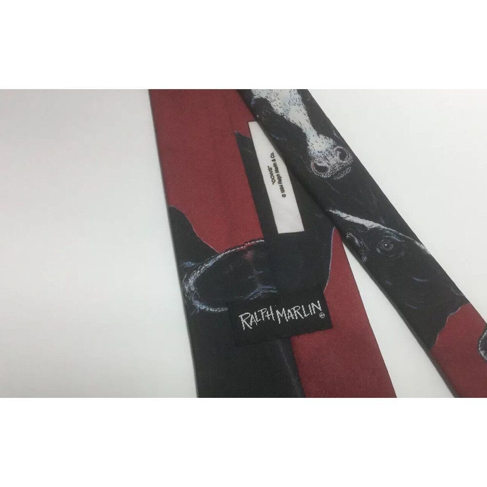 Ralph Marlin Cows Theme Mens‎ Neck Tie 1994 Burgundy Black White Holstein Print - Picture 4 of 7